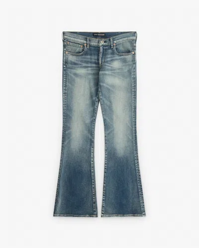 Junya Watanabe Women's Low Rise Flared Jeans In Stone Wash In Blue
