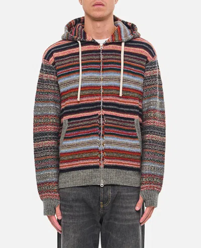 Junya Watanabe Striped Hooded Cardigan In Grey