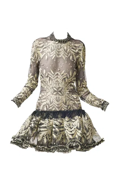 Juozas Statkevicius Long-sleeve Embroidered Tulle Mini Dress In Multi