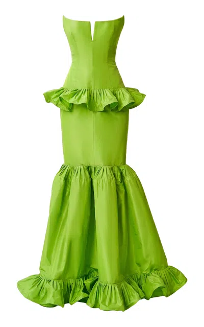 Juozas Statkevicius Ruffled Corset Taffeta Maxi Dress In Green