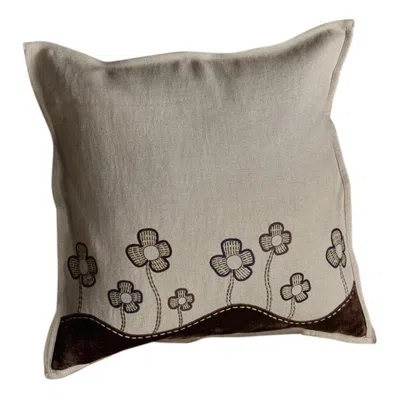 Pre-owned Jupe By Jackie Alsop, Hand Embroidered Beige And Brown Floral Cushion