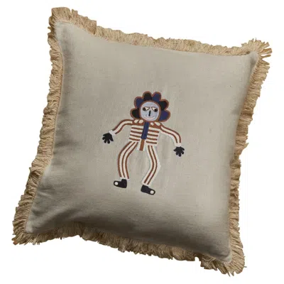 Pre-owned Jupe By Jackie Berre, Hand Embroidered Beige Linen Character Cushion In Brown