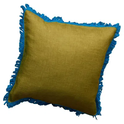 Pre-owned Jupe By Jackie Blue Grass, Green Cotton Cushion With Handmade Fringe Finishing
