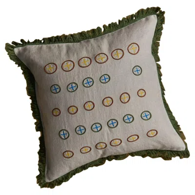 Pre-owned Jupe By Jackie Cardamom, Beige Linen Cushion With Hand Embroidery And Grass Finishing In Green
