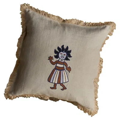 Pre-owned Jupe By Jackie Carro, Handmade Beige Linen Cushion With Embroidered Puppet In Brown