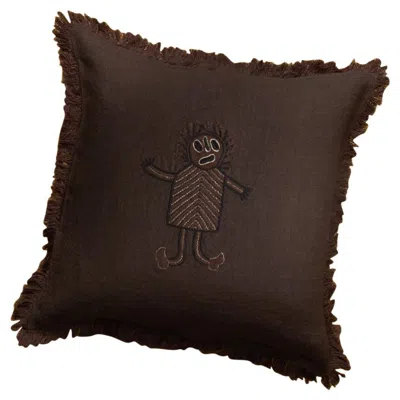 Pre-owned Jupe By Jackie Cesar, Handmade Brown Linen Cushion With Embroidered Puppet