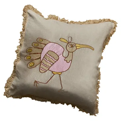 Pre-owned Jupe By Jackie Chicky, Beige Linen Cushion With A Hand Embroidered Bird In Brown
