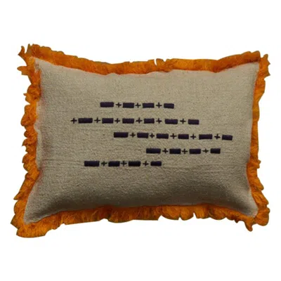 Pre-owned Jupe By Jackie Cocteau, Linen Cushion With Striking Hand Embroidered Details And Orange Fringe
