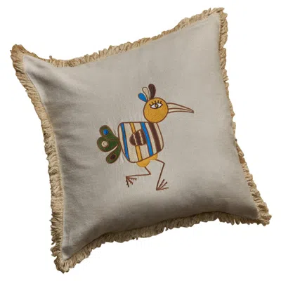 Pre-owned Jupe By Jackie Loon, Beige Linen Cushion Cover With A Hand Embroidered Bird In Brown