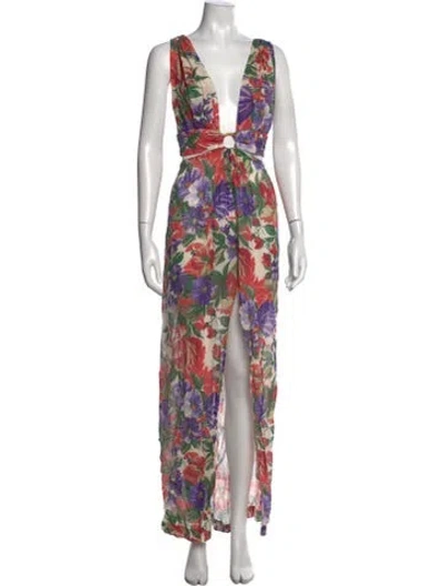 Pre-owned Just Bee Queen Floral Print Long Dress In Red