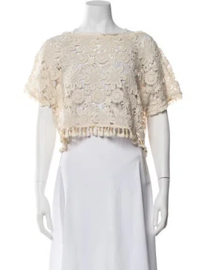 Pre-owned Just Bee Queen Lace Pattern Off-the-shoulder Crop Top In Neutrals