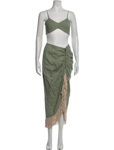 Pre-owned Just Bee Queen Linen Fringe Trim Accent Skirt Set W/ Tags In Green