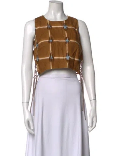 Pre-owned Just Bee Queen Linen Plaid Print Crop Top In Brown