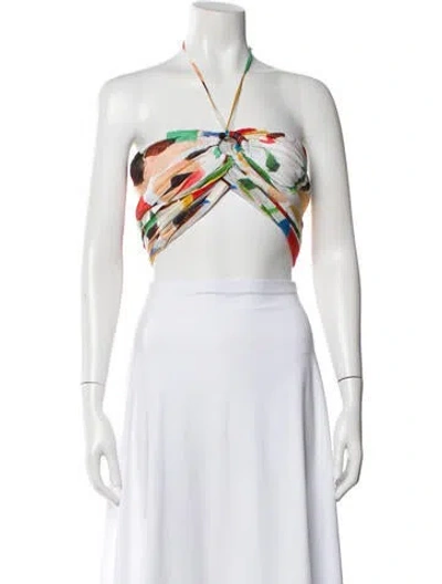 Pre-owned Just Bee Queen Printed Halterneck Crop Top In White