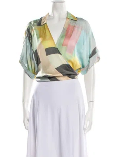 Pre-owned Just Bee Queen Printed Plunge Neckline Crop Top In Blue