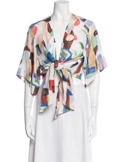 Pre-owned Just Bee Queen Printed V-neck Blouse In White