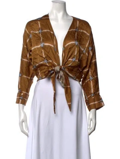 Pre-owned Just Bee Queen Tie-dye Print V-neck Top In Brown