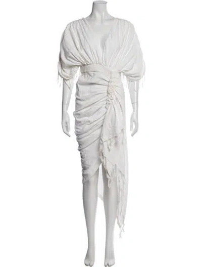 Pre-owned Just Bee Queen V-neck Midi Length Dress In White