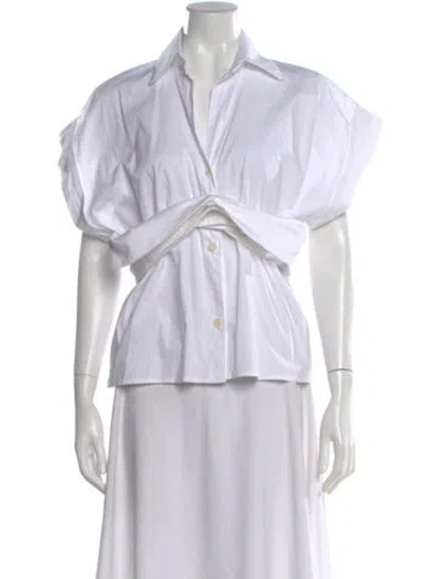 Pre-owned Just Bee Queen V-neck Short Sleeve Button-up Top In White