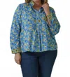 Just Bellina Button Down Long Sleeve Floral Blouse - Plus In Moon Blue In Blue