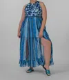 Just Bellina Checkered Stripe Waves Dress In Blue In Blue