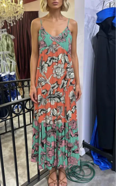 Just Bellina Flowy V Neck Maxi Dress In Green In Orange