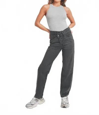 JUST BLACK DENIM HIGH RISE CRISS CROSS STRAIGHT LEG JEANS IN WASHED BLACK