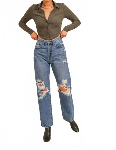 Just Black Denim High Rise Distressed Dad Jeans In Medium In Blue