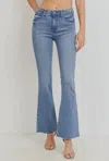 Just Black Denim High Rise Flare Long With Distressed Hem Jeans In Light Denim In Multi