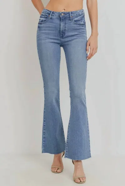 Just Black Denim High Rise Flare Long With Distressed Hem Jeans In Light Denim In Blue
