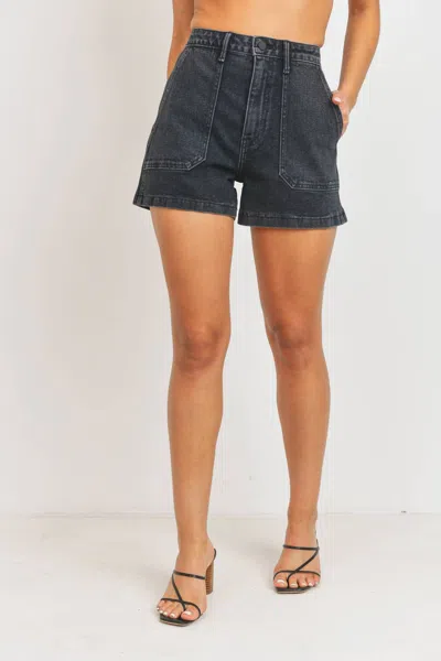 Just Black Denim High Rise Utility Cargo Short In Washed Black In Blue