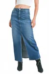 Just Black Denim High Waisted Front Slit Denim Midi Skirt In Blue In Blue