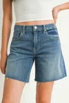 Just Black Denim Midrise Bermuda Frayed Hem Short In Medium Denim In Blue
