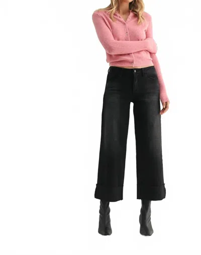 Just Black Denim Scissor Cut Cuffed Wide Leg Jeans In Black In Pink