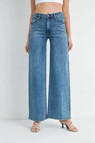 Just Black Denim Stretchy Wide Leg Jeans In Dark Stone Wash In Blue