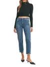 Just Black Denim Vintage-washed Straight Jean With A Distressed Hem In Dark Denim In Blue