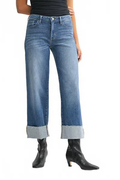 Just Black Denim Mid Rise Scissor Cut Cuffed Slim Wide Leg Jeans In Medium Wash In Blue