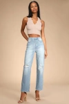 Just Black Generational Style Light Wash Distressed High Rise Dad Jeans In Blue
