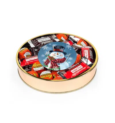 Just Candy Christmas Candy Gift Tin Large Plastic Tin With Sugar Free Hershey's & Reese's Mix In Assorted Pre-pack