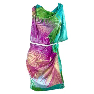Pre-owned Just Cavalli 2000s Roberto  Size 42 / 10 - 12 Tropical Colorful Belted Silk Dress In Gray