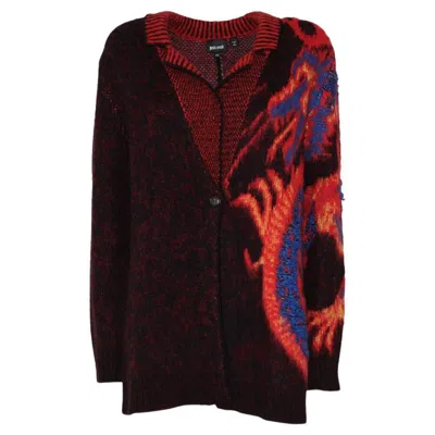 Pre-owned Just Cavalli 2010s Women's Red Blue Wool Blend Maxi Cardigan Size 44