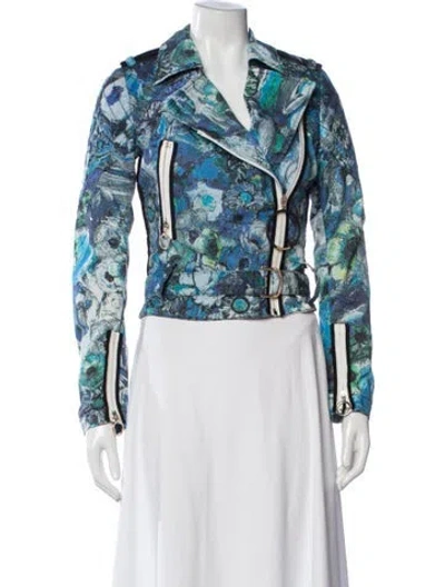 Pre-owned Just Cavalli 2015 Floral Print Biker Jacket In Blue