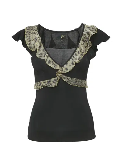 Pre-owned Just Cavalli Animal-print Frills Top In Black