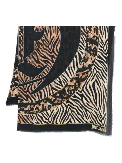 Just Cavalli Animal-print Fringed Scarf In Black