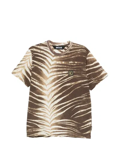 Just Cavalli Animal-print Logo-patch T-shirt In Brown