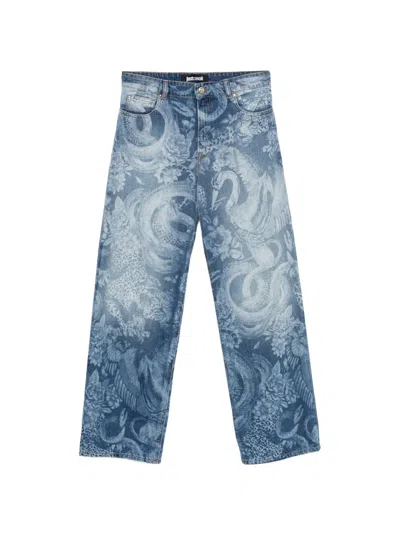 Just Cavalli Animal-print Logo-patch Jeans In Blue