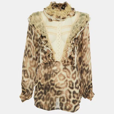 Pre-owned Just Cavalli Beige Animal Print Silk Lace Trim Ruffled Top S