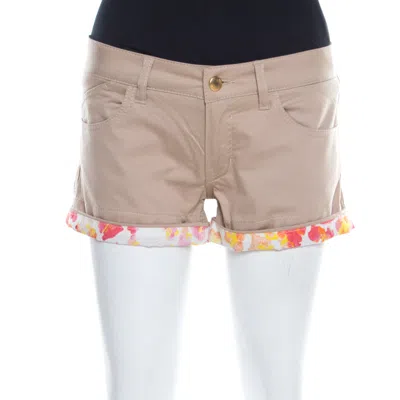 Just Cavalli Beige Stretch Cotton Contrast Cuff Detail Mini Shorts In Neutral