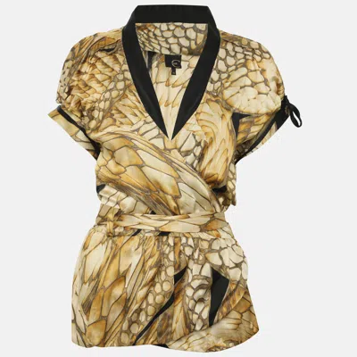 Pre-owned Just Cavalli Beige/yellow Printed Satin Wrap Top M In Sand