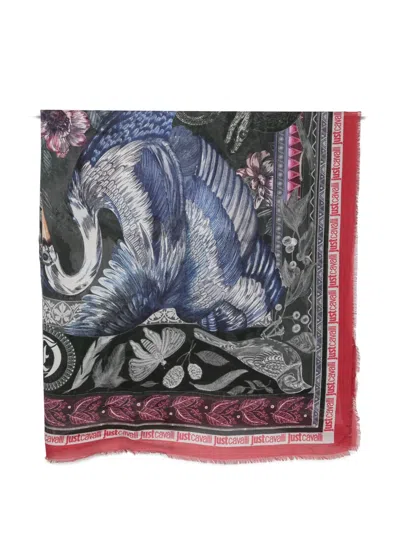 Just Cavalli Bird-print Frayed Scarf In Multi